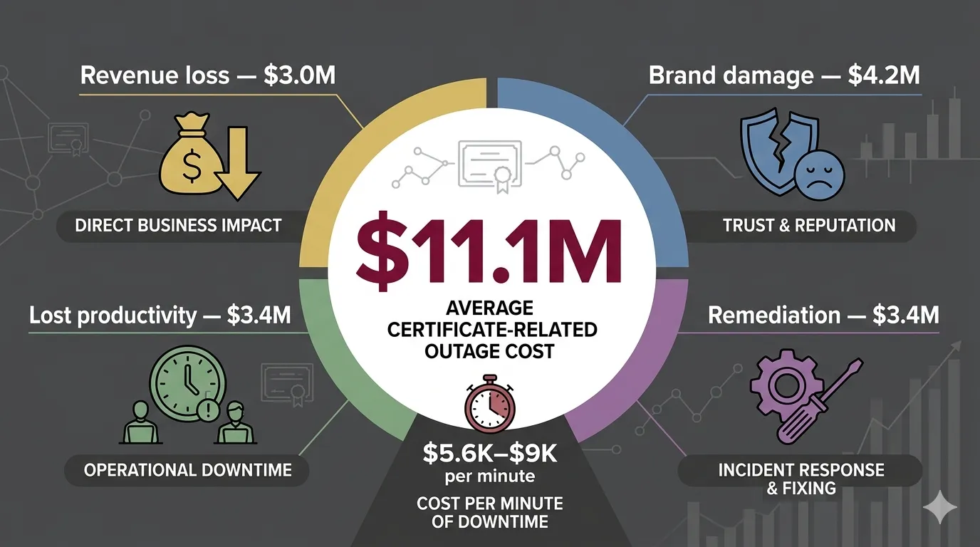 Breakdown of the $11.1M average certificate-related outage cost into revenue, brand, productivity and remediation segments