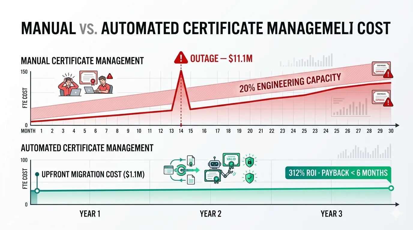 Three-year cost comparison of manual certificate management versus automated lifecycle management