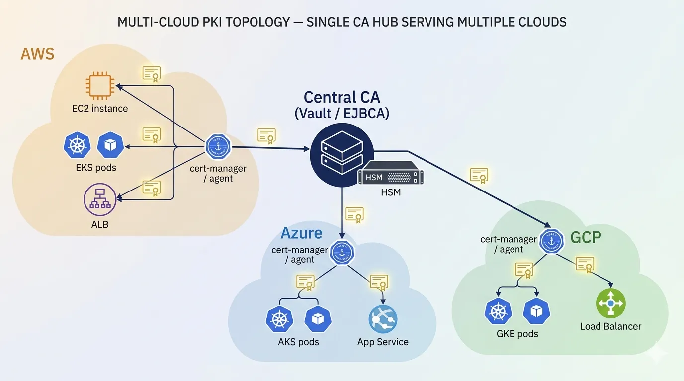 Multi-cloud PKI topology with a central CA serving AWS, Azure and GCP workloads