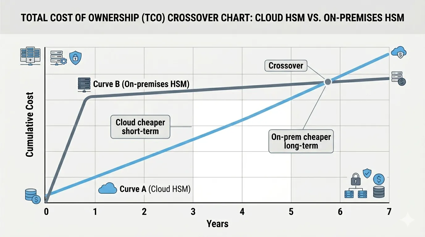 On-premises vs cloud HSM cumulative cost crossover chart