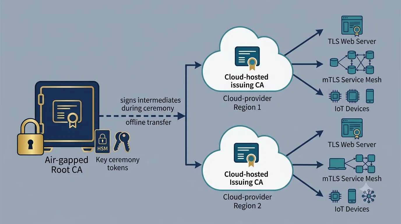Hybrid PKI architecture with air-gapped on-premises root signing cloud-hosted intermediates